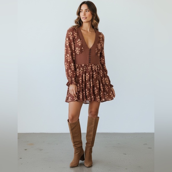 Ecote Long Sleeve Floral Dress in Brown - Picture 3 of 7